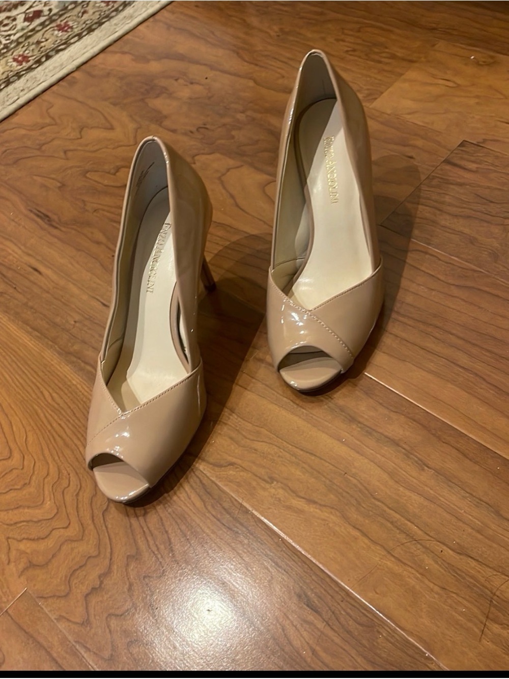 Enzo Angiolini Beige Patent Peep-Toe Pumps